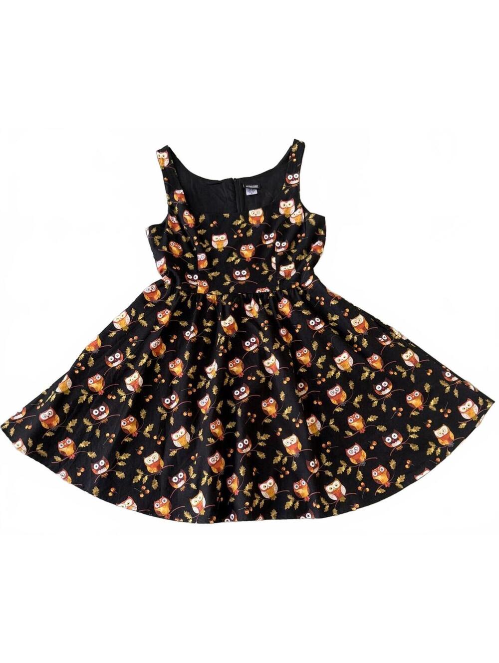 Retrolicious Owl Print Sleeveless Fit & Flare Dress Size M Black Cotton Pockets - Picture 5 of 15
